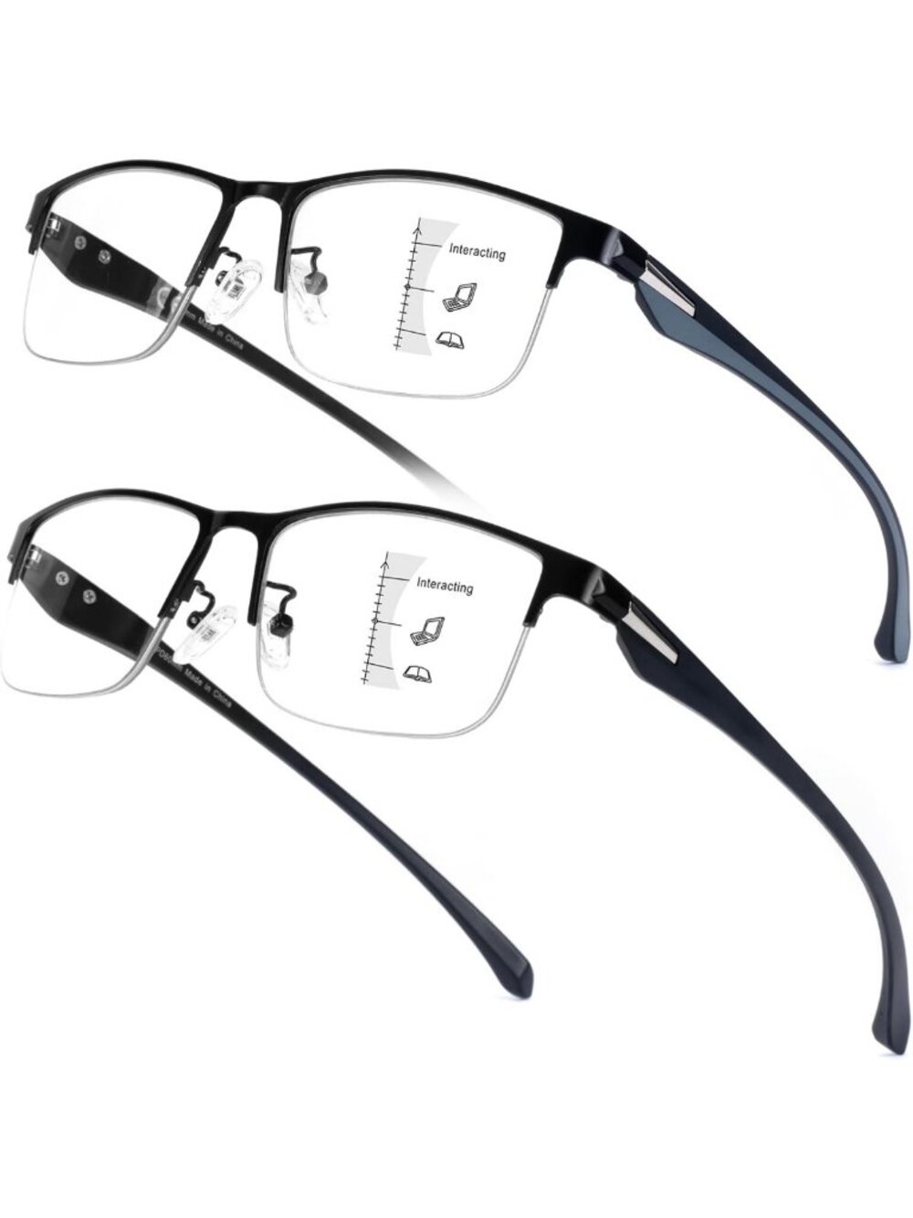2 Pack Premium Multifocal Reading Glasses for Men - Half Frame No-Line Readers